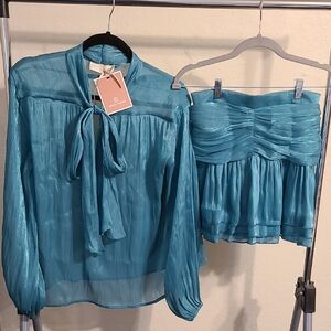Sierra Darien Pleated Set With Shirt and Mini Draped Skirt - Teal